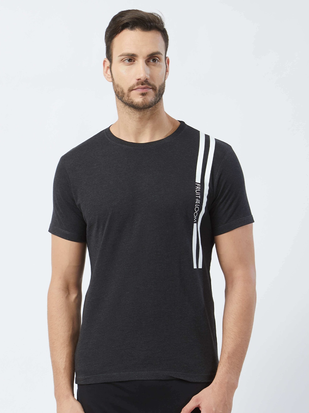 

Fruit of the loom Men Charcoal Grey & White Striped Cotton T-shirt