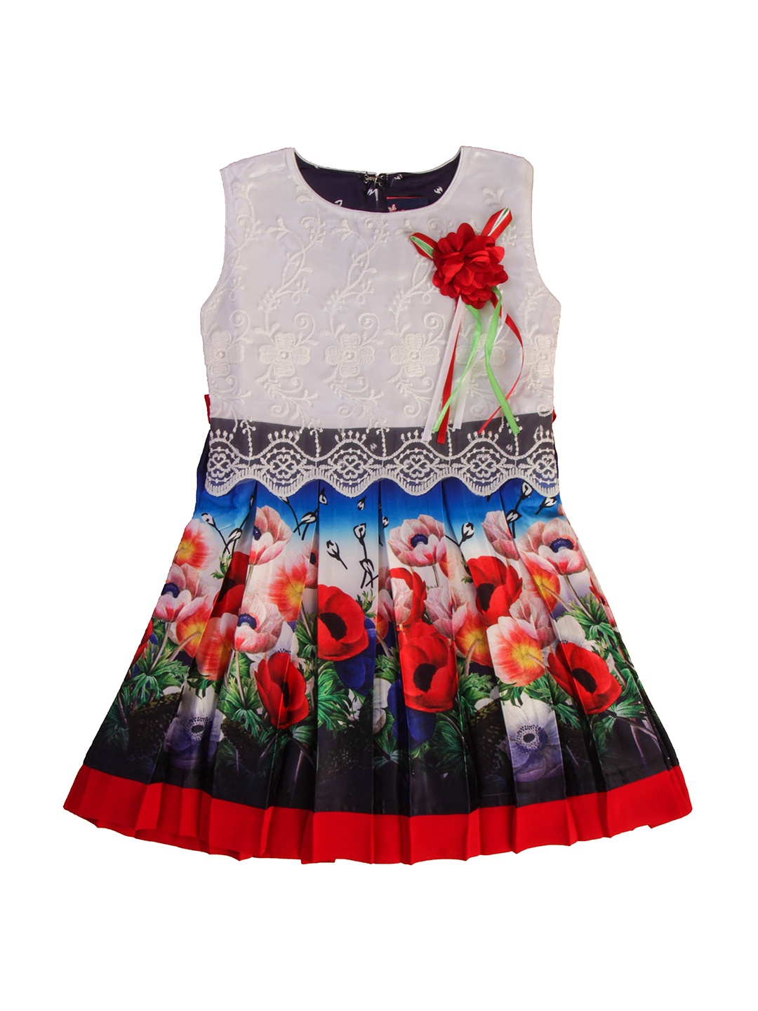 

Enfance Girls White & Blue Floral Printed Pleated Dress