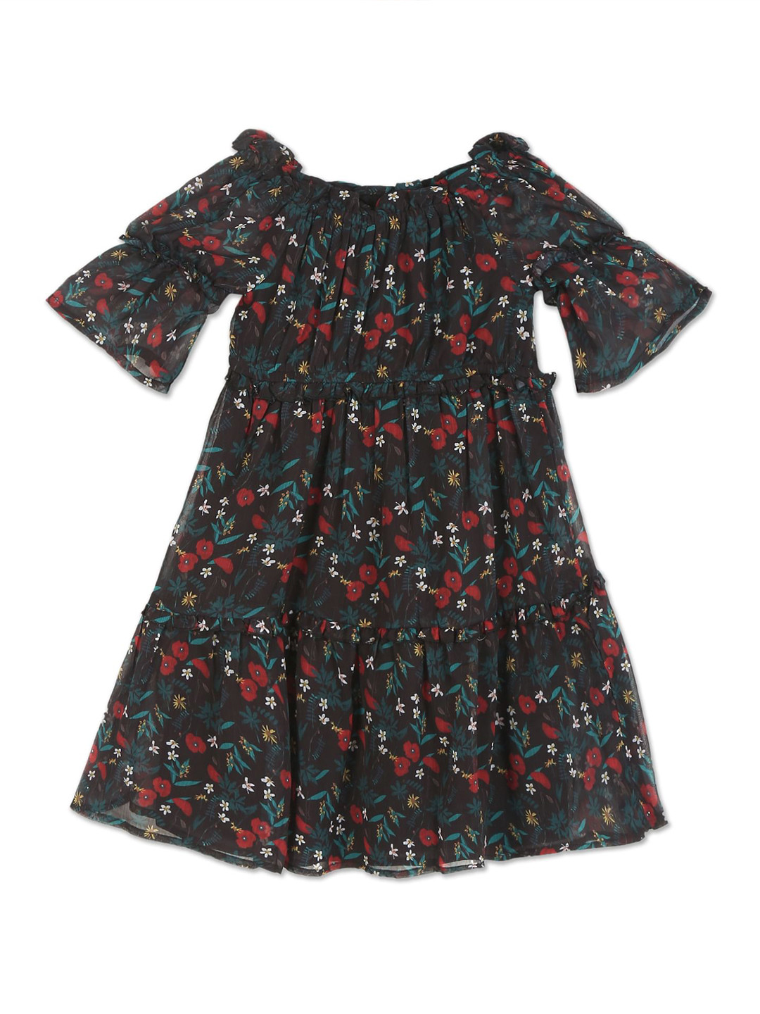 

Donuts Girls Black Floral A-Line Tiered Dress