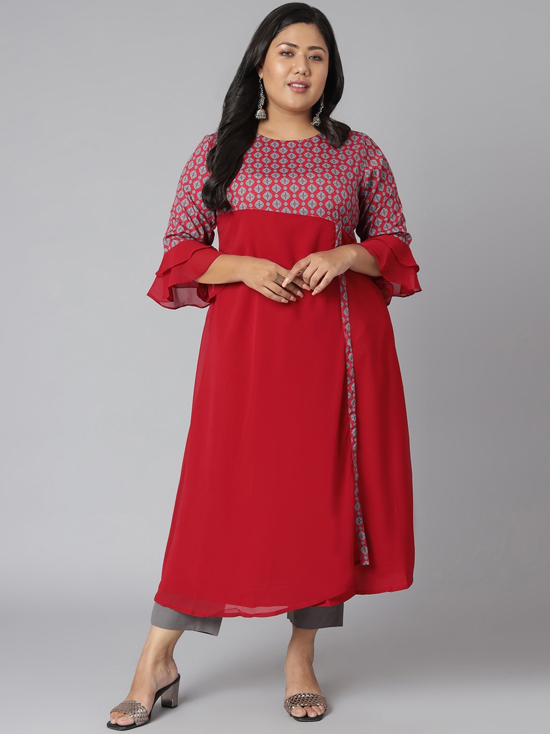 

XL LOVE by Janasya Women Plus Size Maroon & Blue Yoke Design Bell Sleeves Crepe Kurta