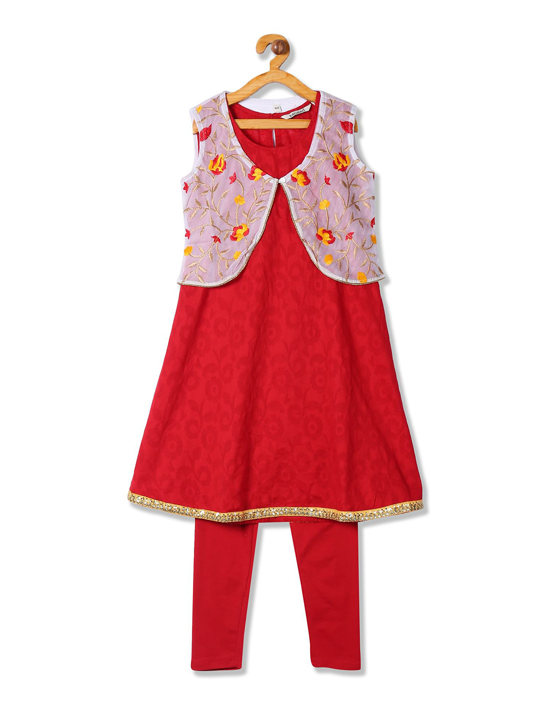 

Karigari Girls Red Printed Kurta & Leggings with Waistcoat