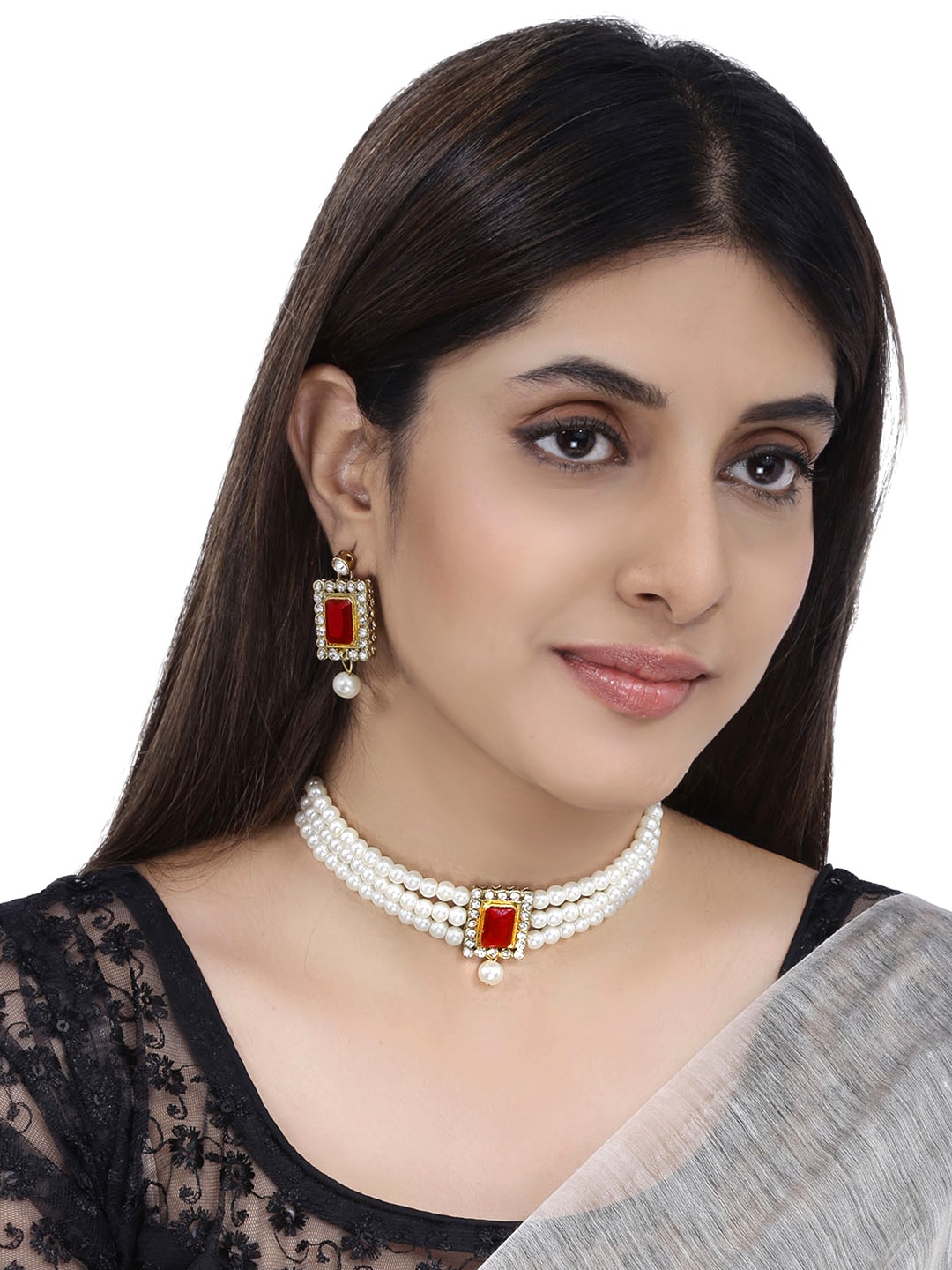 

Yellow Chimes Gold-Plated White Kundan Stone-Studded & Pearl Beaded Jewellery Set