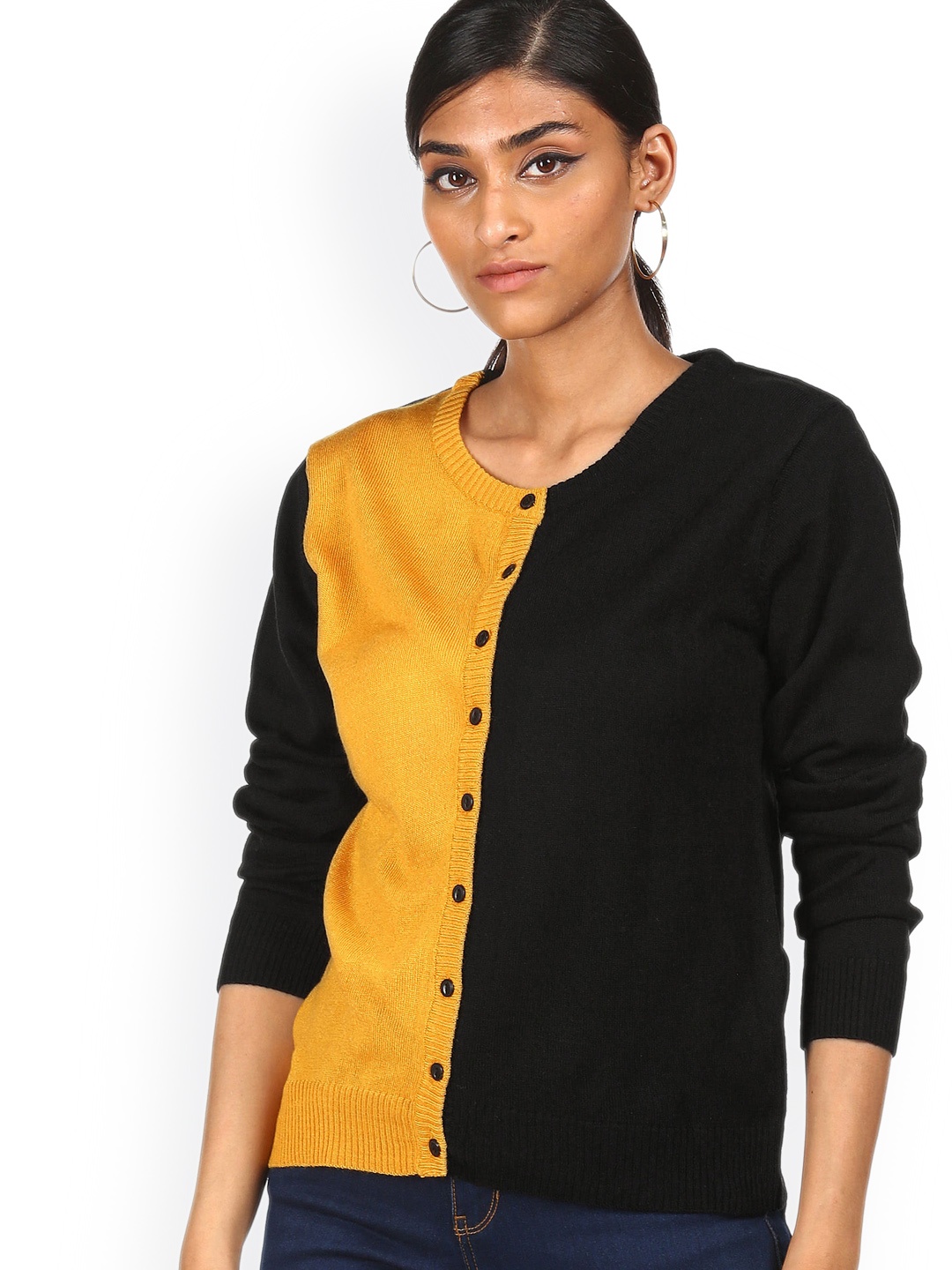 

Sugr Women Yellow & Black Colourblocked Cardigan