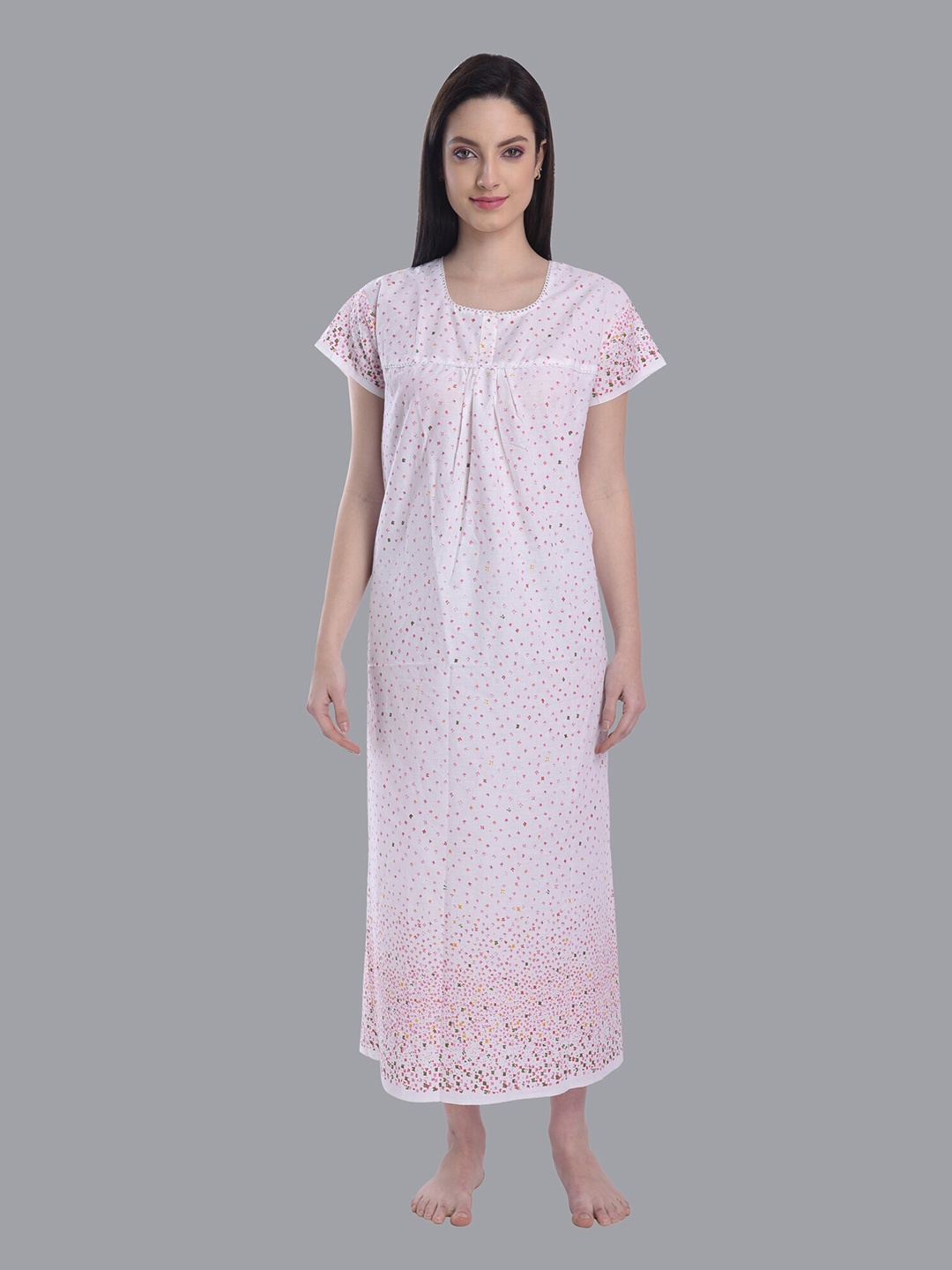 

CIERGE White & Pink Geometric Printed Pure Cotton Maxi Nightdress