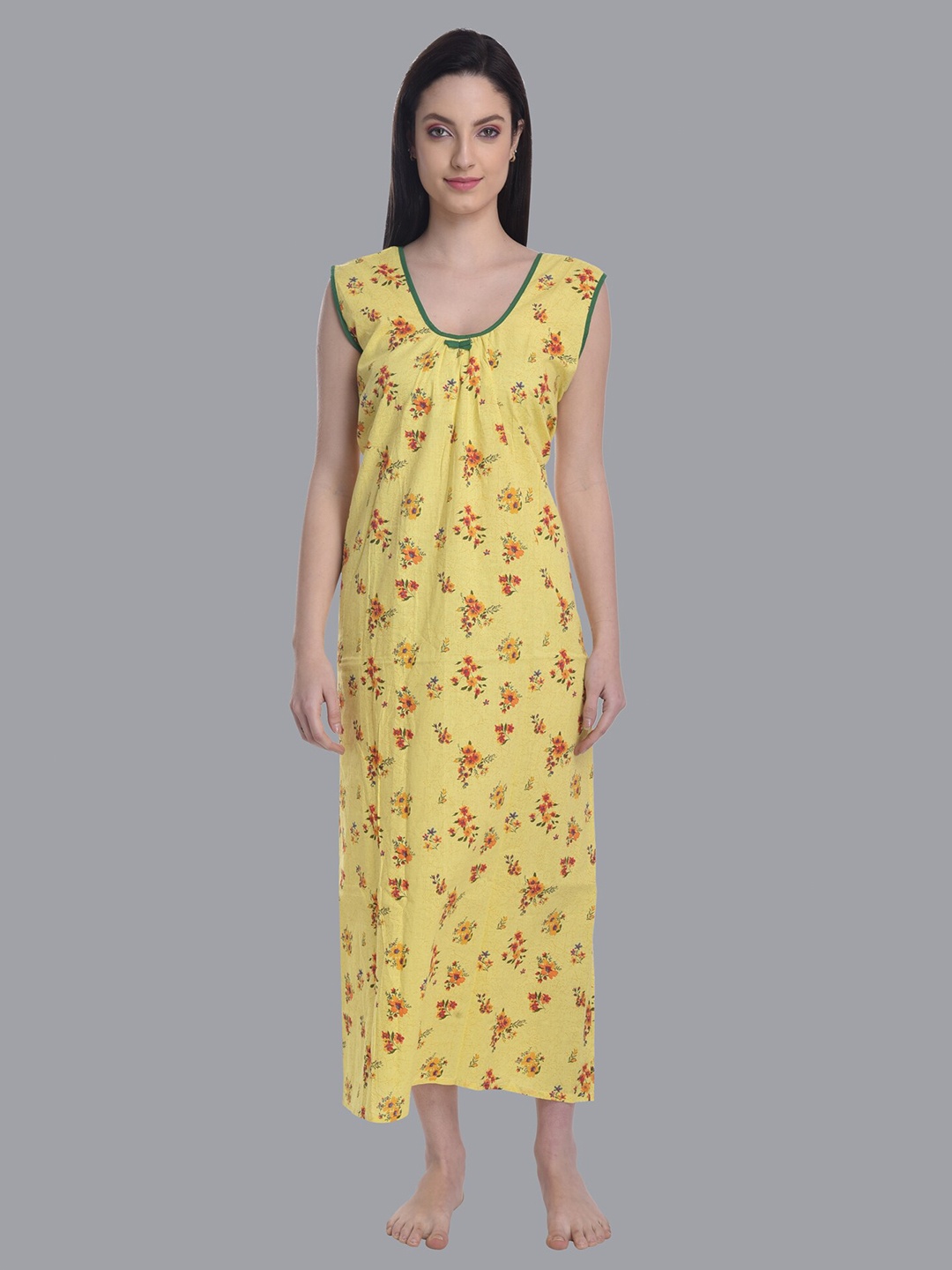 

CIERGE Yellow Printed Pure Cotton Maxi Nightdress