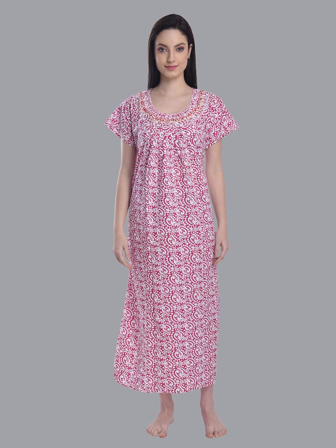 

CIERGE Pink & White Printed Pure Cotton Maxi Nightdress