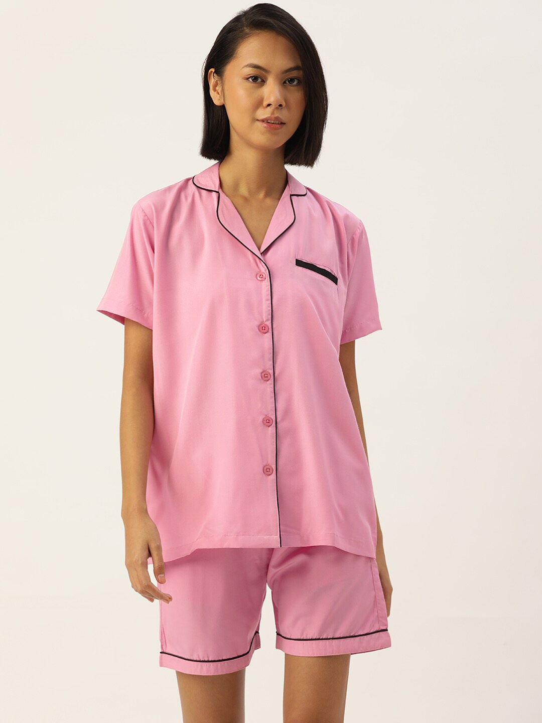 

JAINISH Women Pink & Black Solid Cotton Night Suit