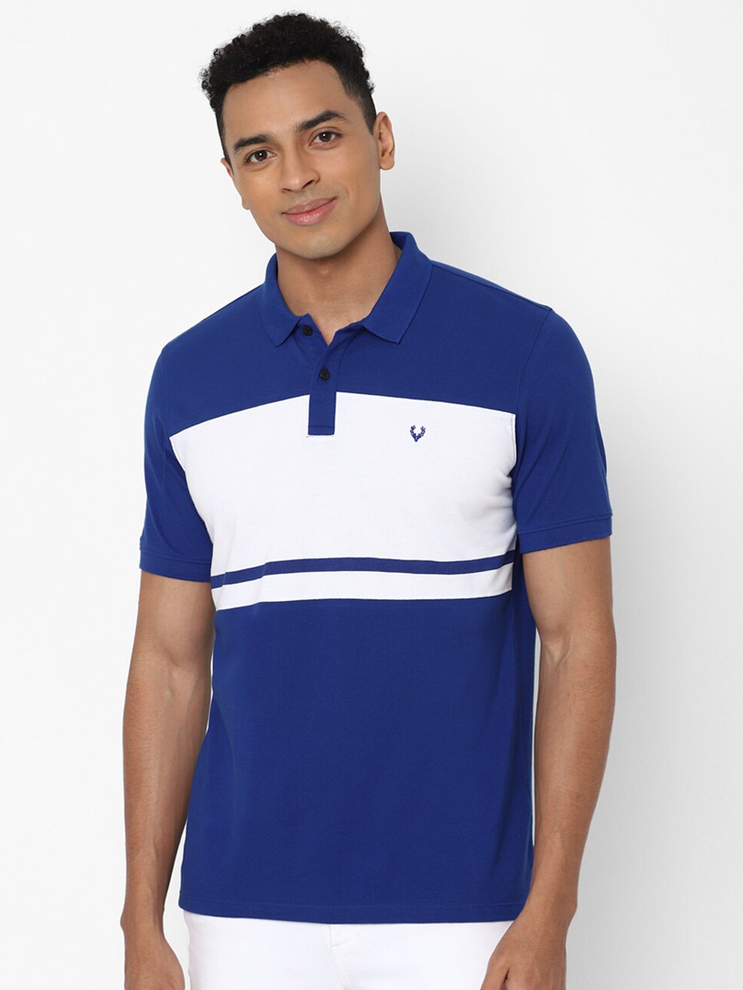 

Allen Solly Men Blue & White Colourblocked Polo Collar Pure Cotton T-shirt