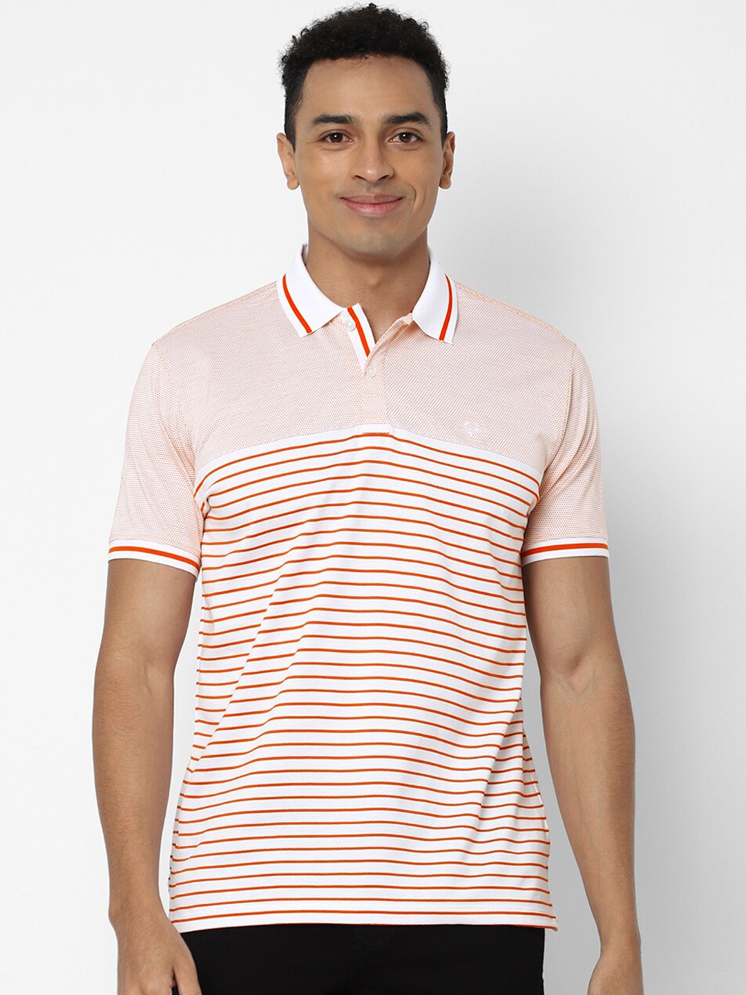 

Allen Solly Men White & Red Striped Pure Cotton Polo Collar T-shirt