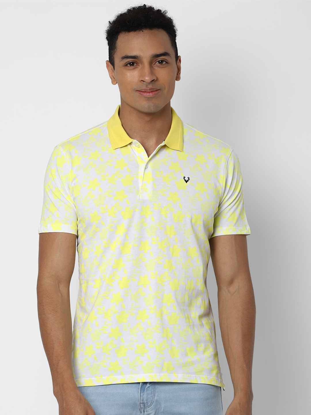 

Allen Solly Men Yellow & White Floral Printed Pure Cotton Polo Collar T-shirt