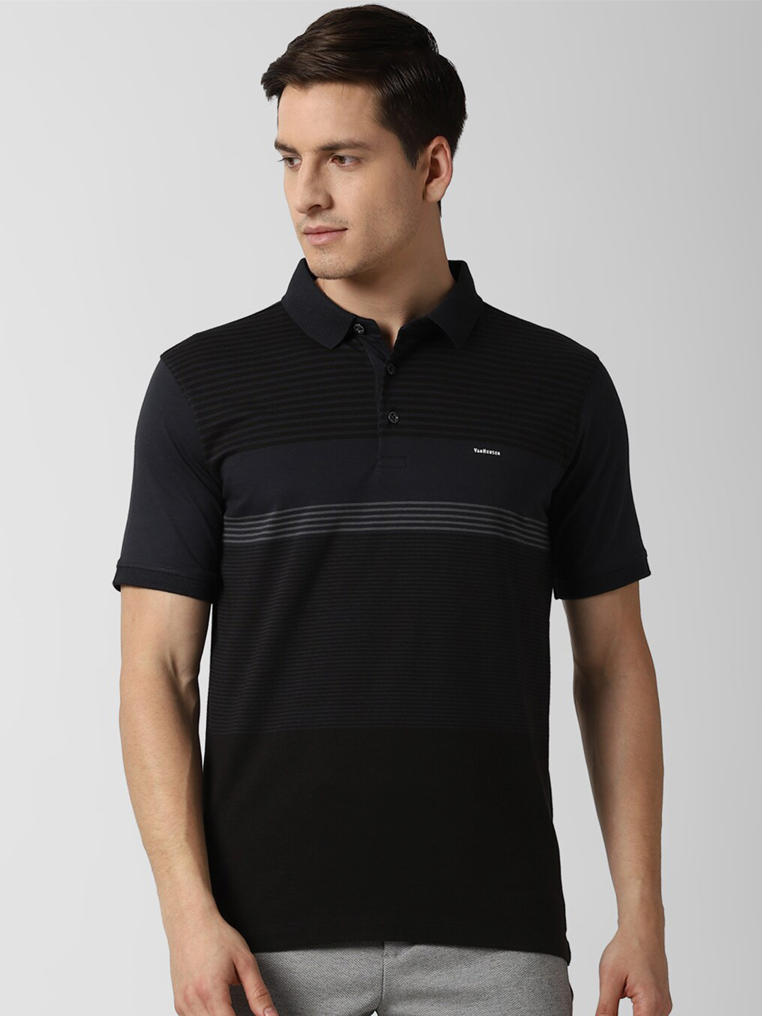 

Van Heusen Men Grey Striped Polo Collar T-shirt