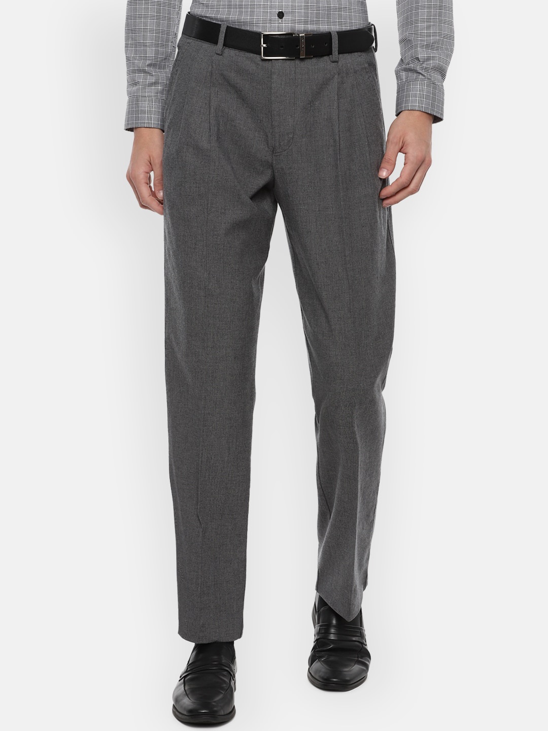 

Louis Philippe Men Grey Textured Pleated Trousers