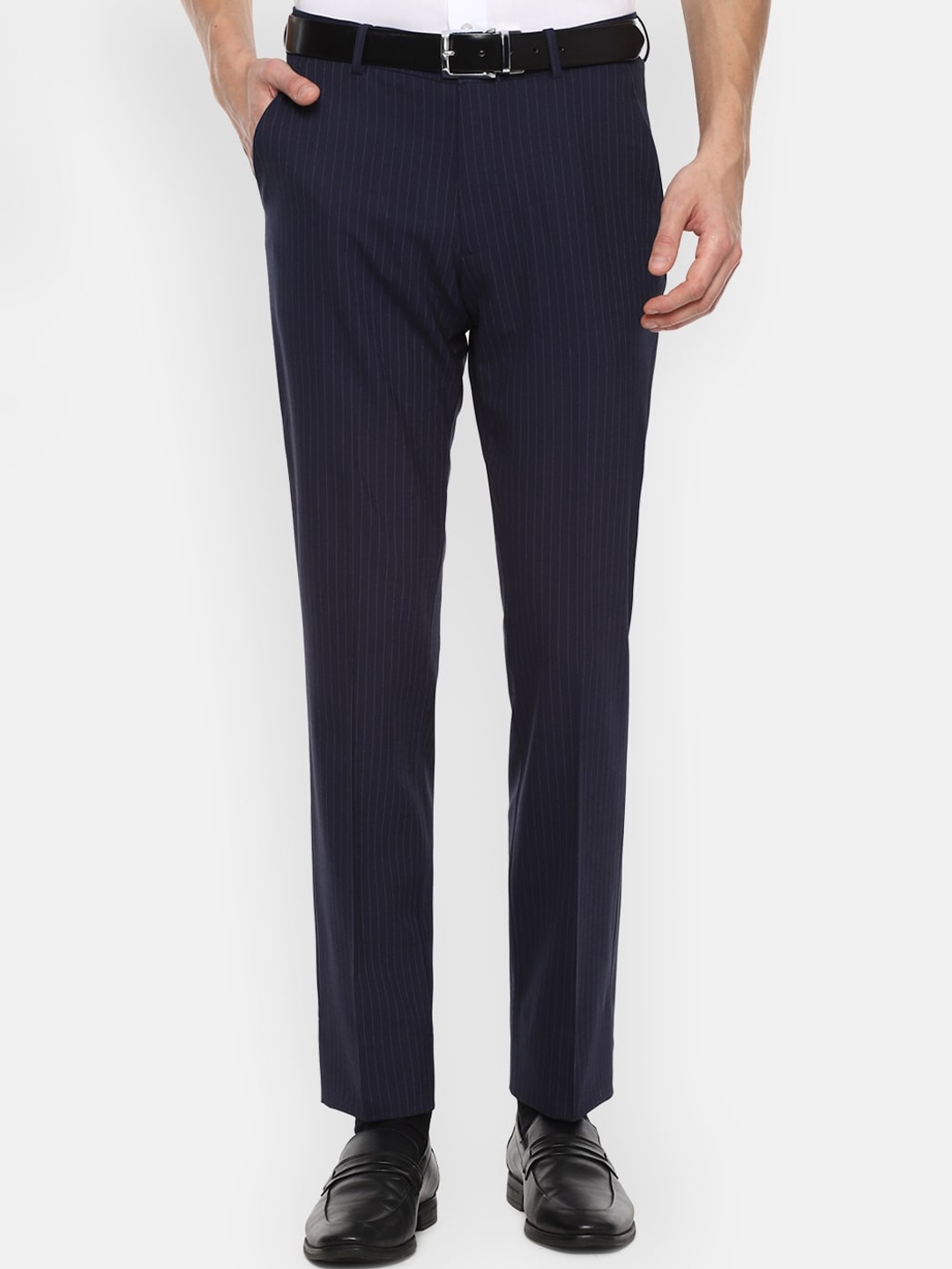 

Louis Philippe Permapress Men Navy Blue Striped Slim Fit Trousers