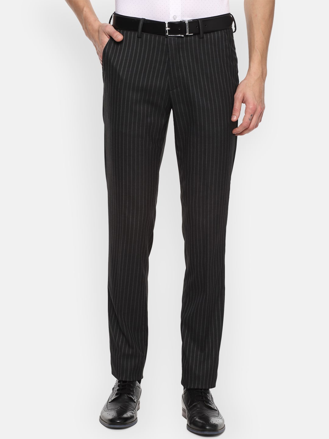 

Louis Philippe Men Black Striped Slim Fit Formal Trousers