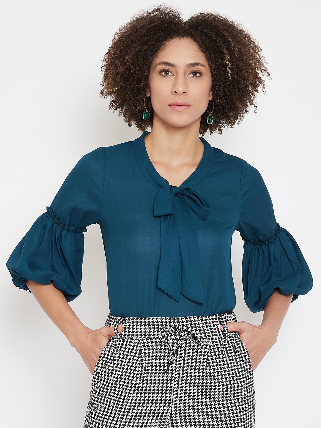 

La Zoire Women Teal Tie-Up Neck Georgette Top