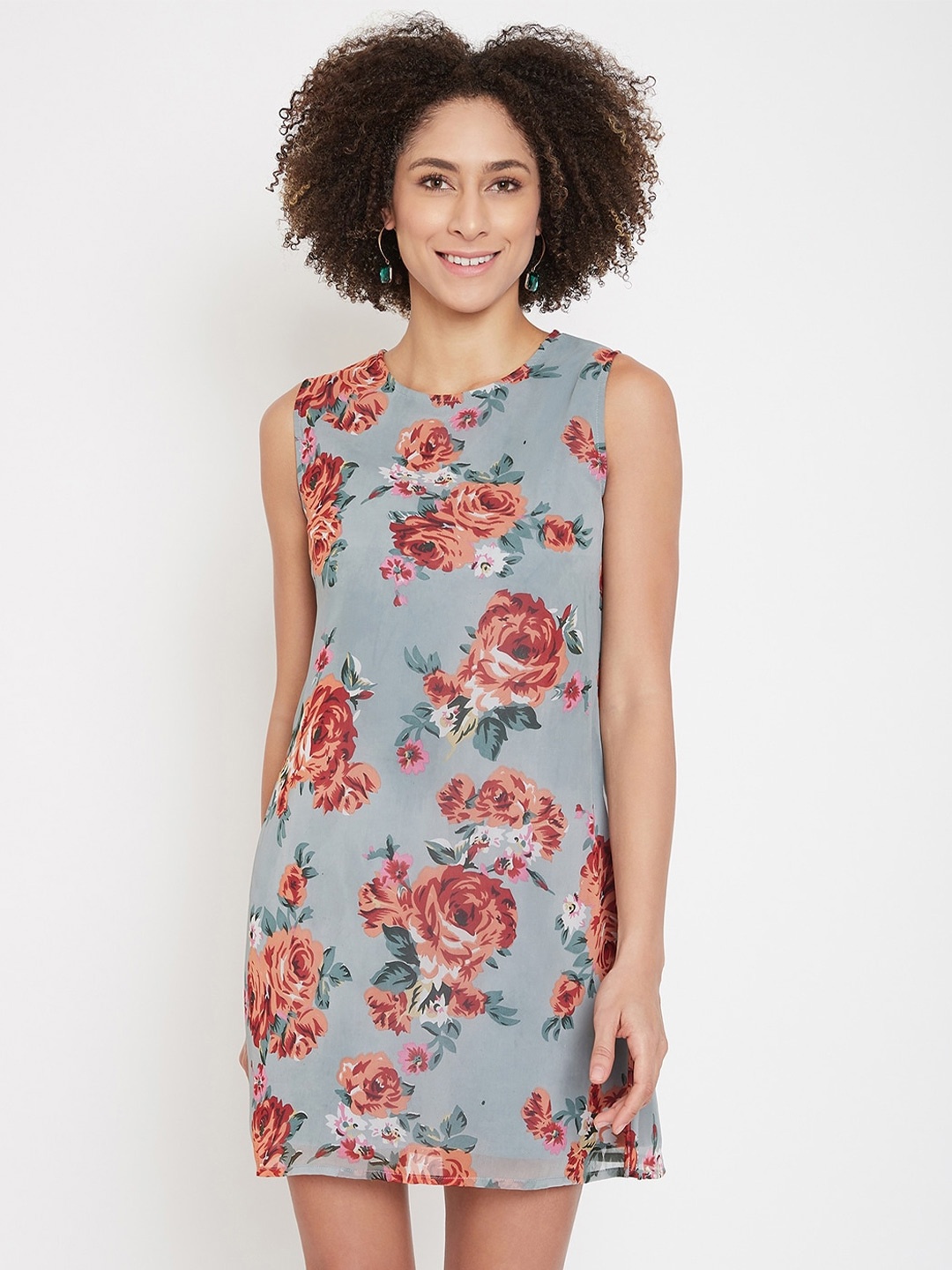 

La Zoire Women Grey & Rust Floral Georgette A-Line Dress