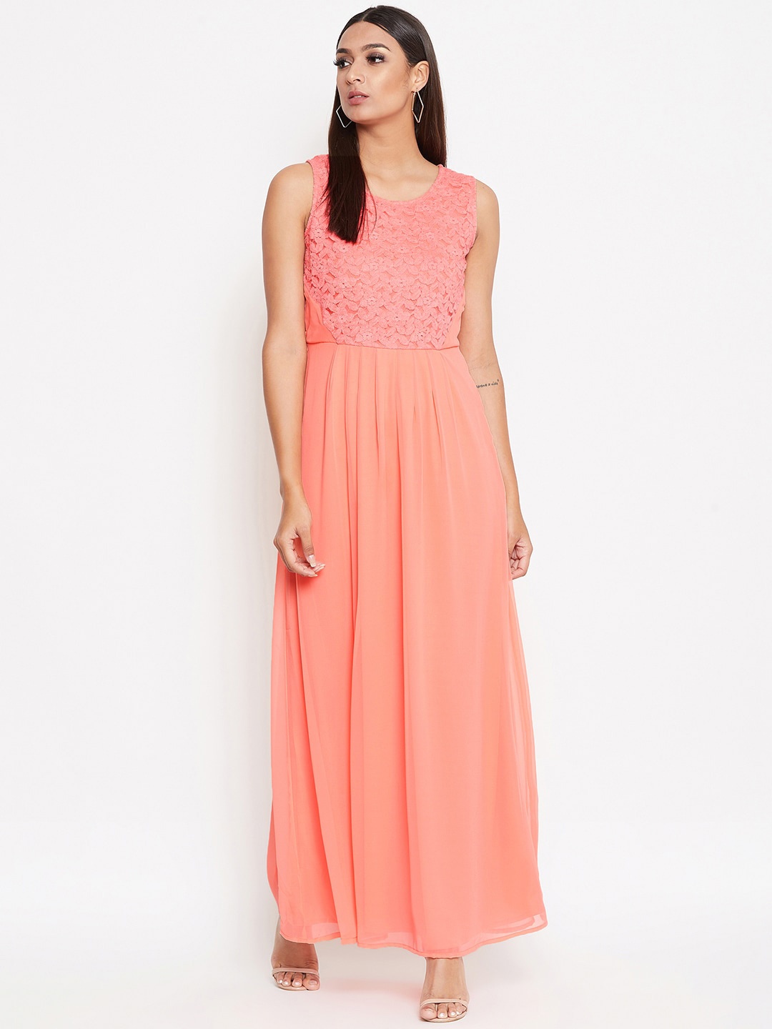 

La Zoire Peach-Coloured Lace Georgette Maxi Dress