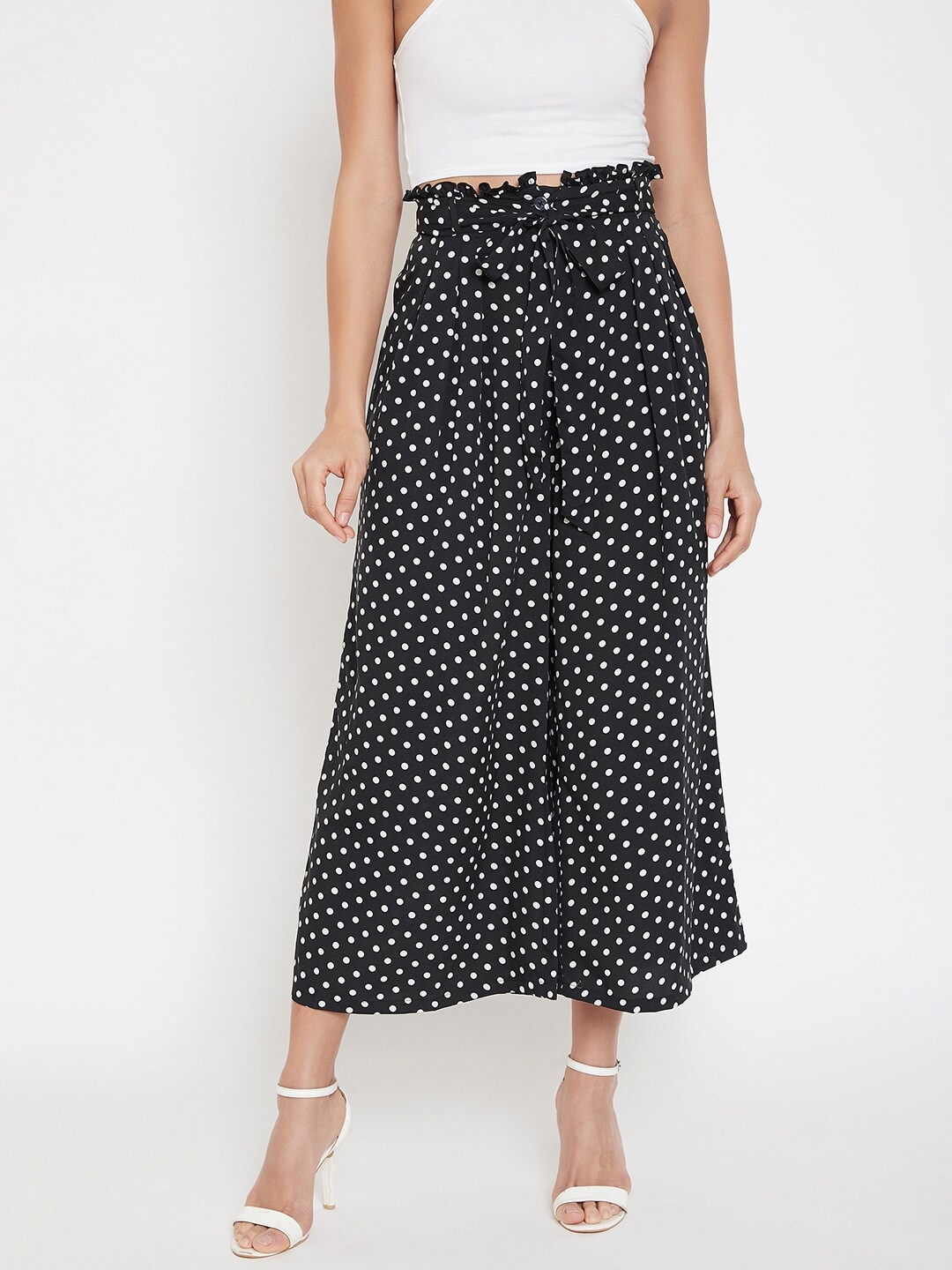 

La Zoire Women Black & White Printed Flared Crepe Palazzos