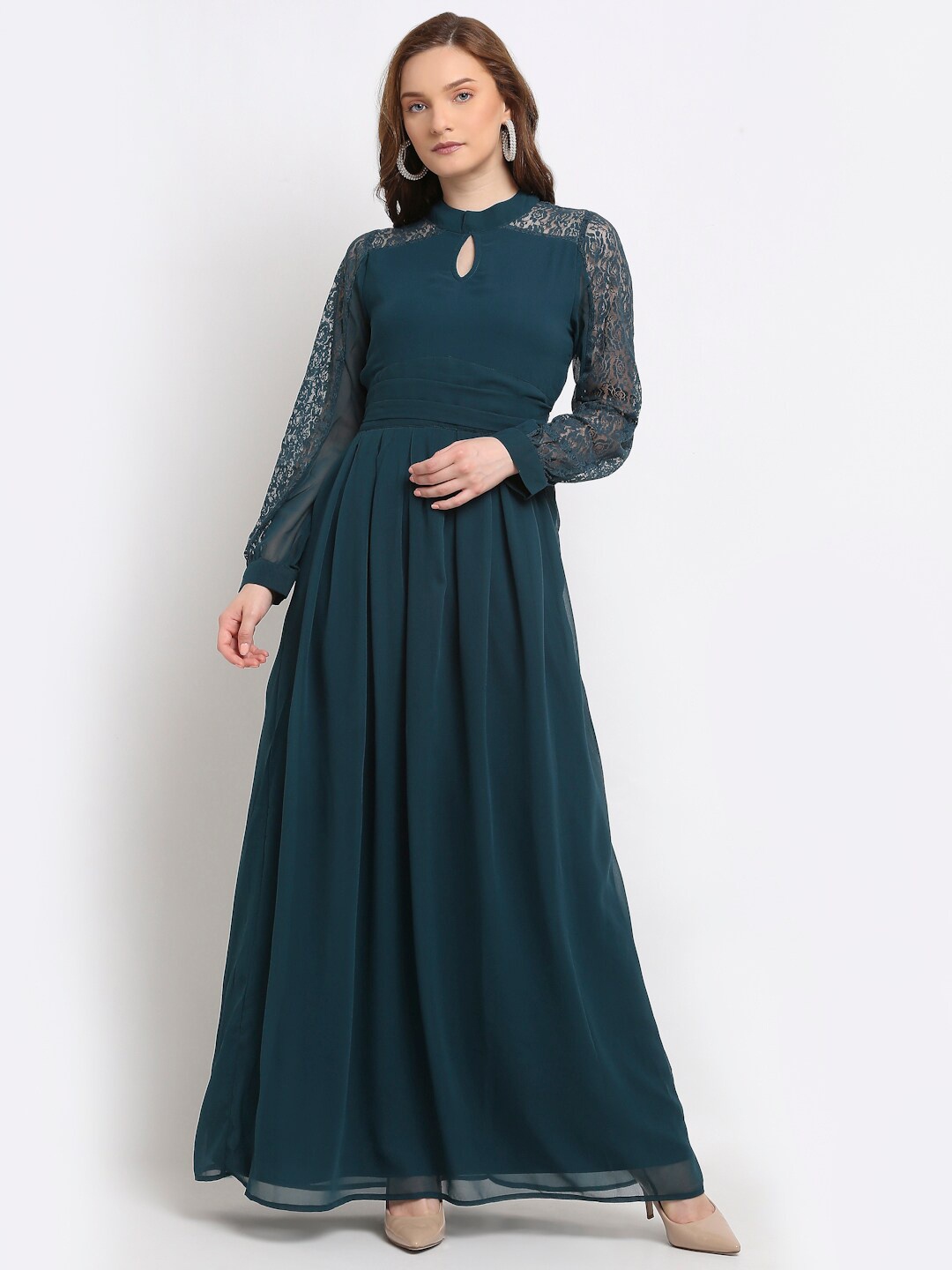 

La Zoire Teal Blue Keyhole Neck Georgette Maxi Dress