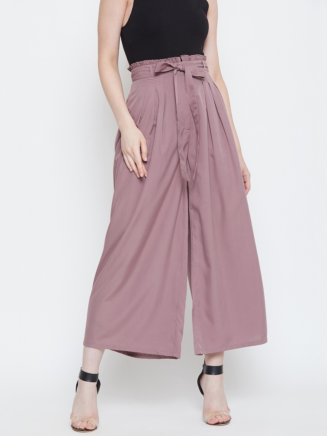 

La Zoire Women Taupe Flared Crepe Palazzos