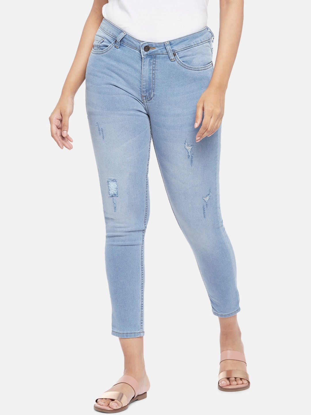 

People Women Blue Slim Fit High-Rise Low Distress Light Fade Jeans