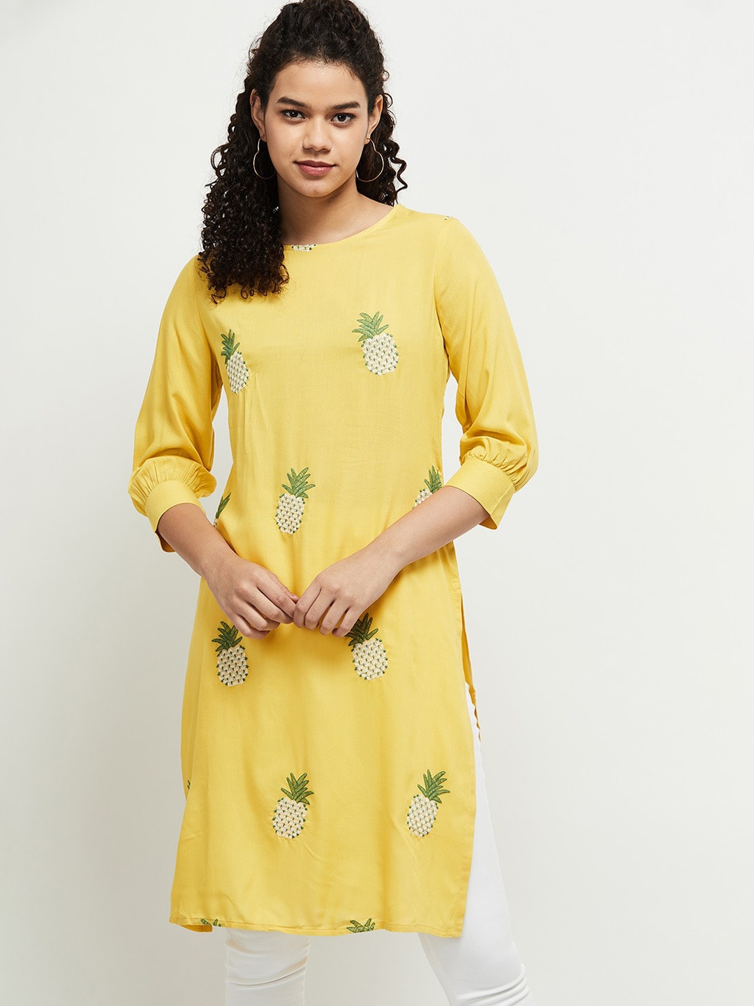

max Women Yellow Floral Embroidered Flared Sleeves Thread Work Kurta
