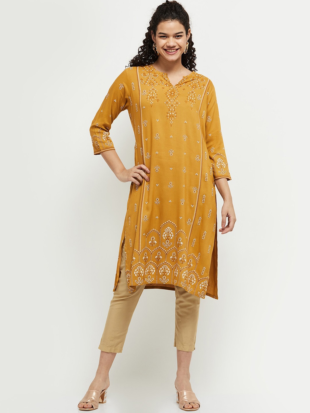 

max Women Mustard Yellow & White Ethnic Motifs Printed Kurta