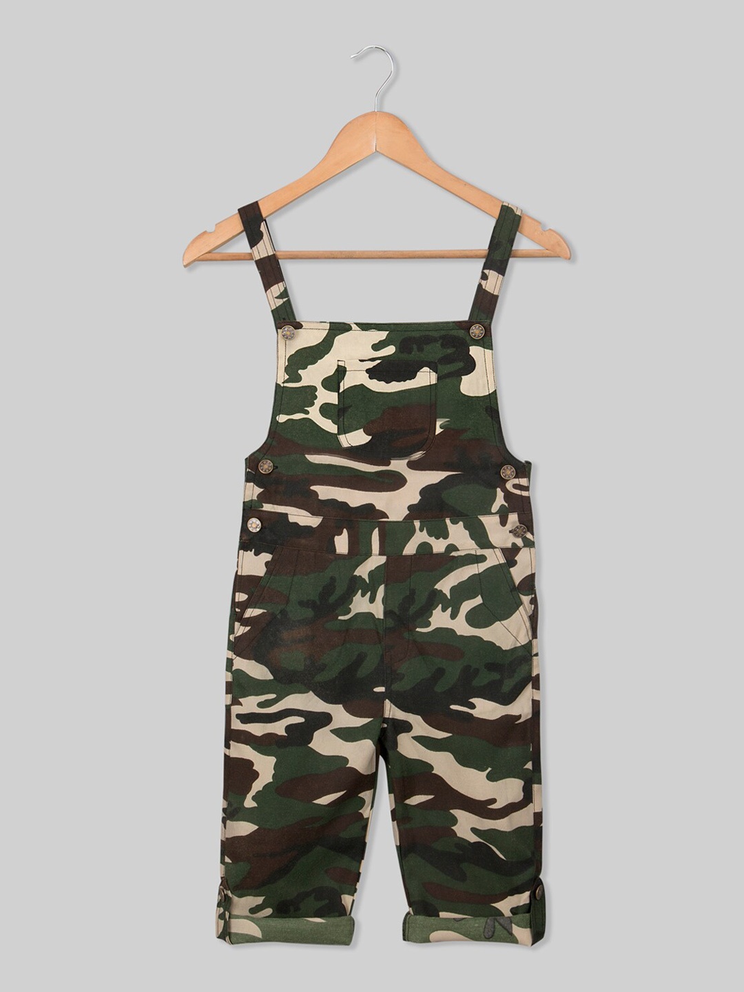 

Olele Girls Green & Cream Camouflage Printed Cotton Straight Leg-Fit Dungarees