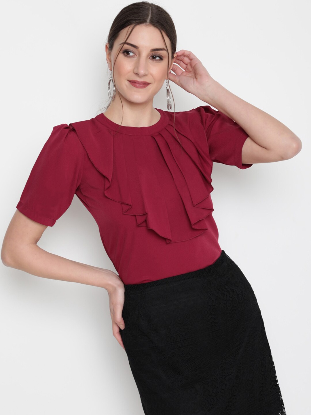 

AKIMIA Women Maroon Ruffles Crepe Top