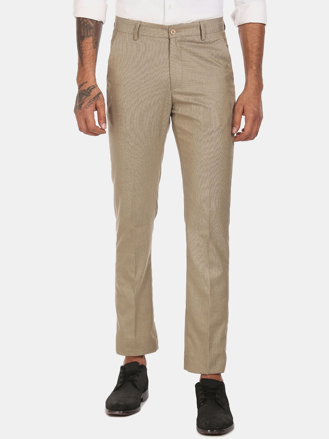

Excalibur Men Khaki Brown Textured Formal Trousers