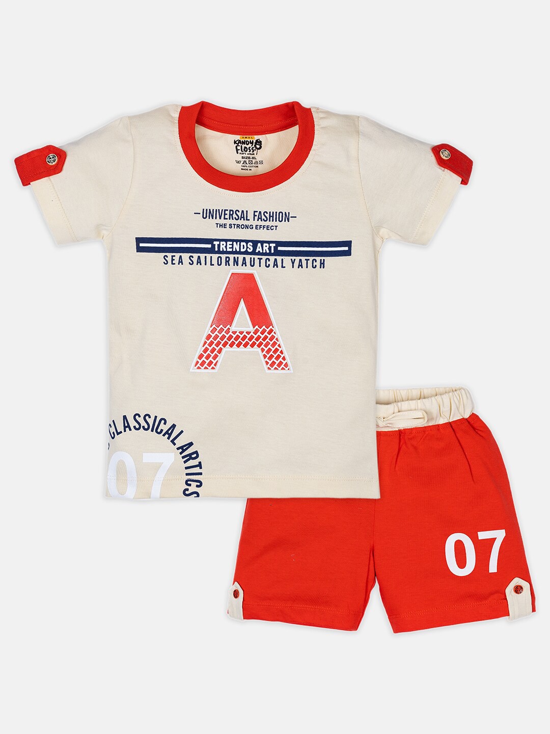 

AMUL Kandyfloss Boys Cream-Coloured & Red Printed Pure Cotton T-shirt with Shorts