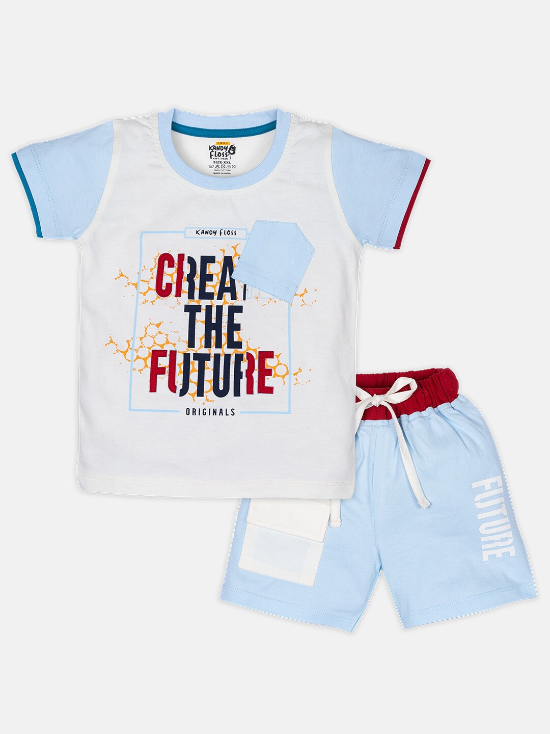 

AMUL Kandyfloss Infant Boys White & Blue Printed Pure Cotton T-shirt with Shorts