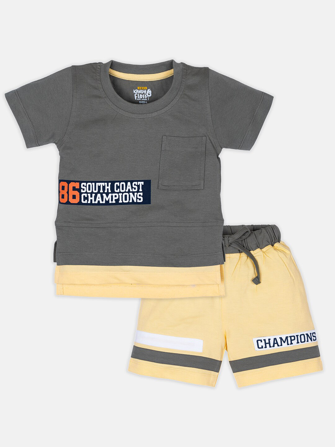 

AMUL Kandyfloss Infant Boys Grey & Yellow Printed Pure Cotton T-shirt with Shorts