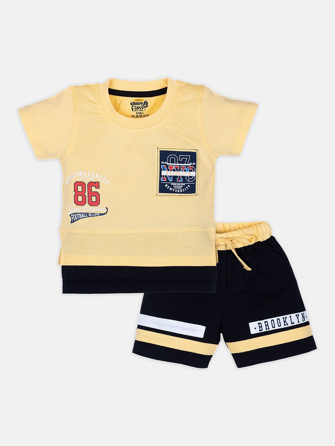 

AMUL Kandyfloss Boys Yellow & Black Printed Cotton T-shirt with Shorts