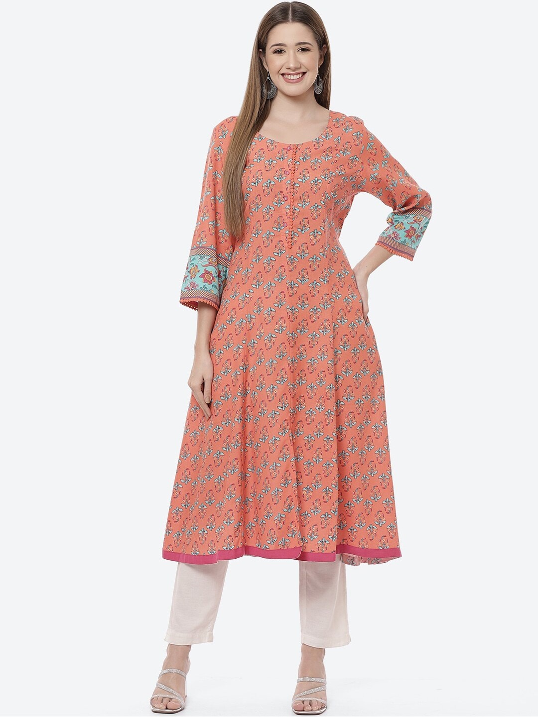 

Rangriti Women Orange Ethnic Motifs Printed Mirror Work Anarkali Kurta
