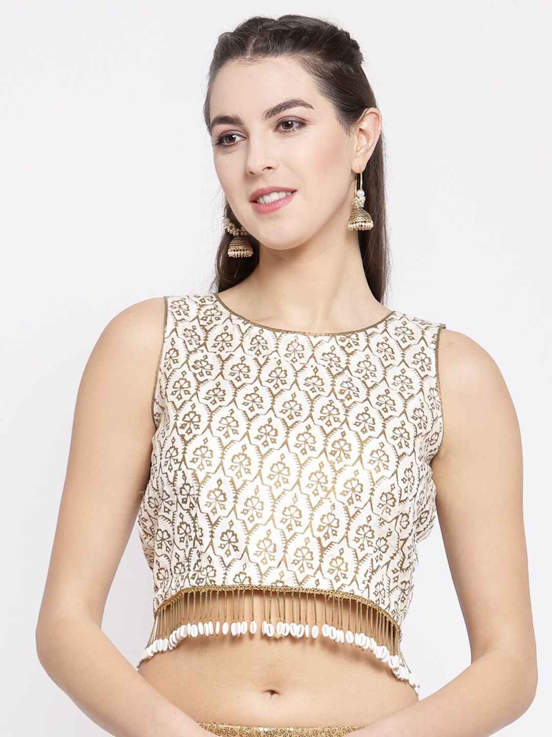 

studio rasa Off White & Gold-Toned Bhagalpuri Block Printed Crop Top