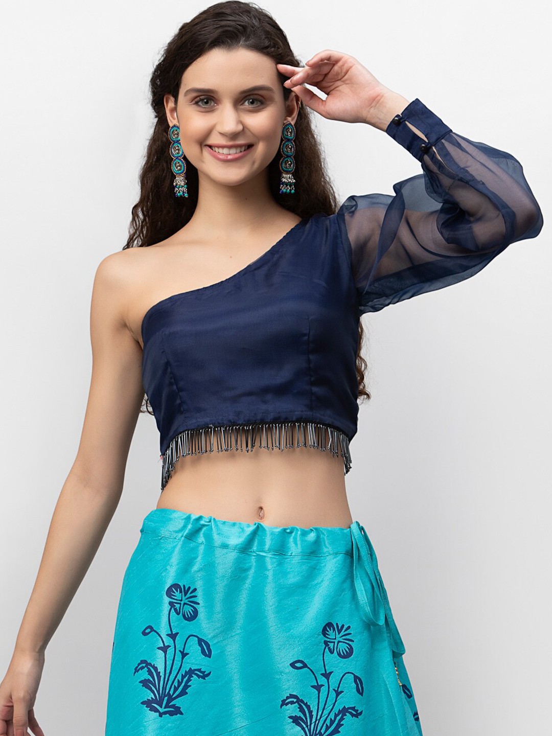 

studio rasa Women Navy Blue One Shoulder Embellished Fringed Sheer Crop Top