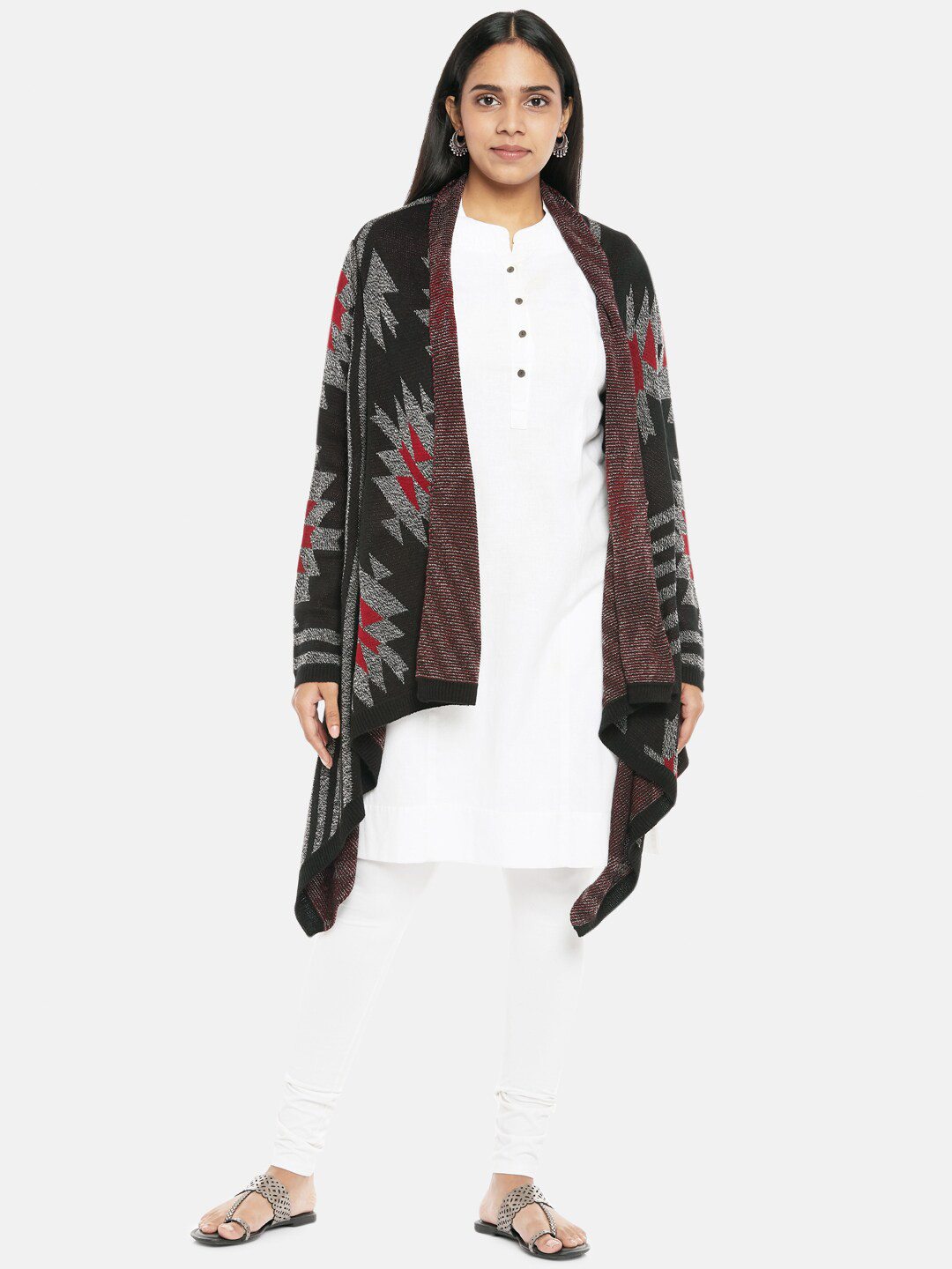

AKKRITI BY PANTALOONS Women Black & Red Printed Fusion Longline Shrug