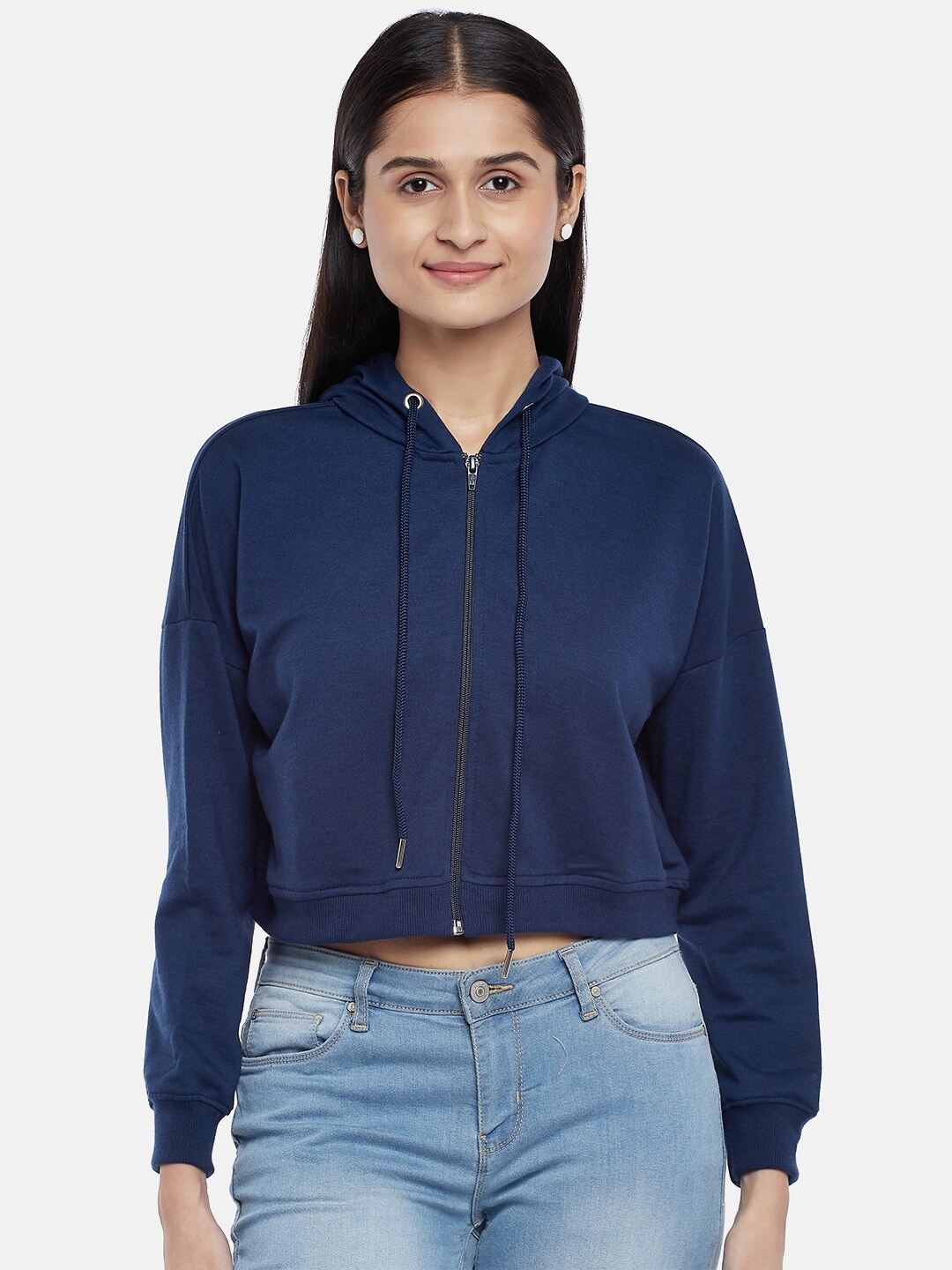 

People Women Navy Blue Hooded Sweatshirt
