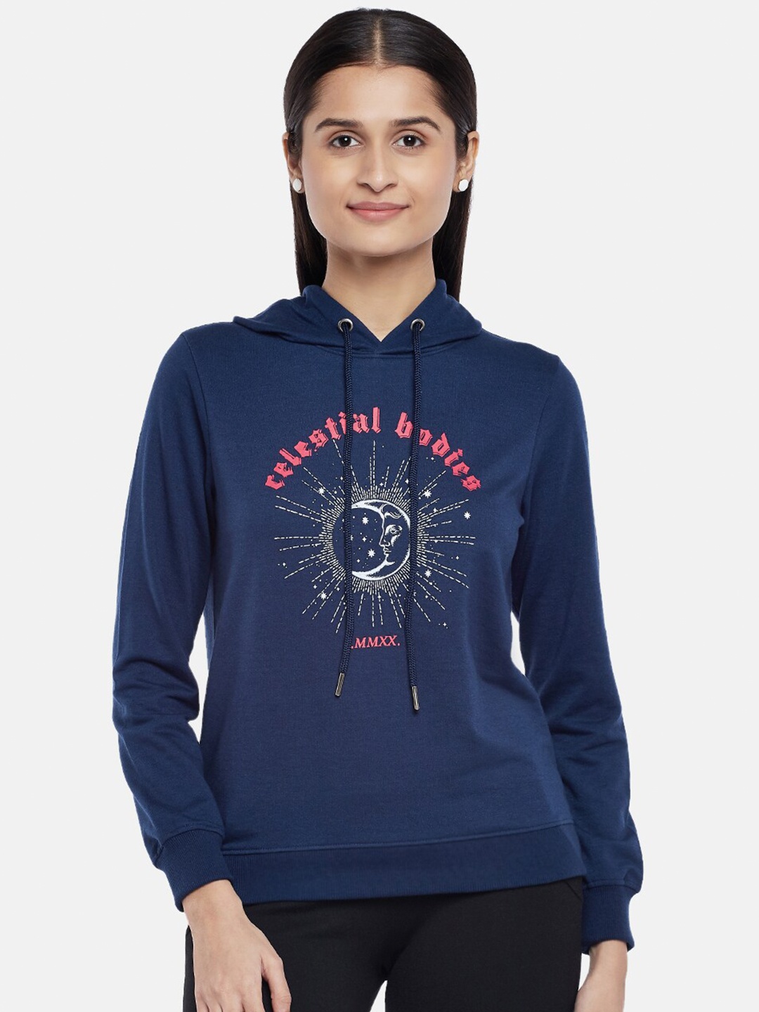 

People Women Navy Blue & White Printed Hooded Sweatshirt