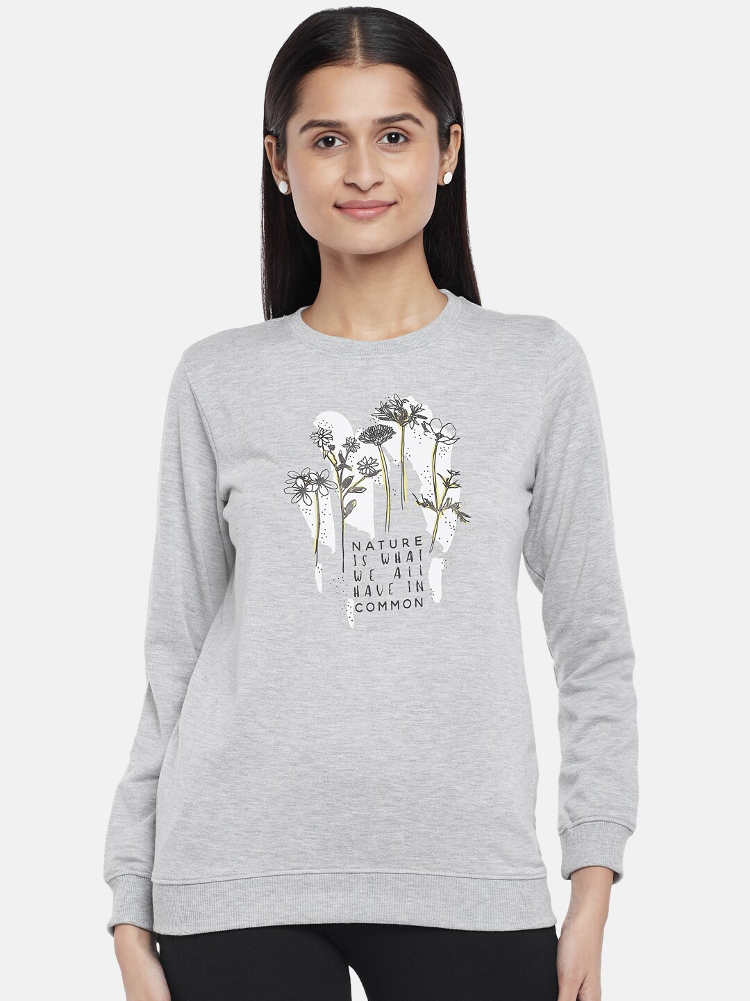 

People Women Grey Melange & White Printed Sweatshirt