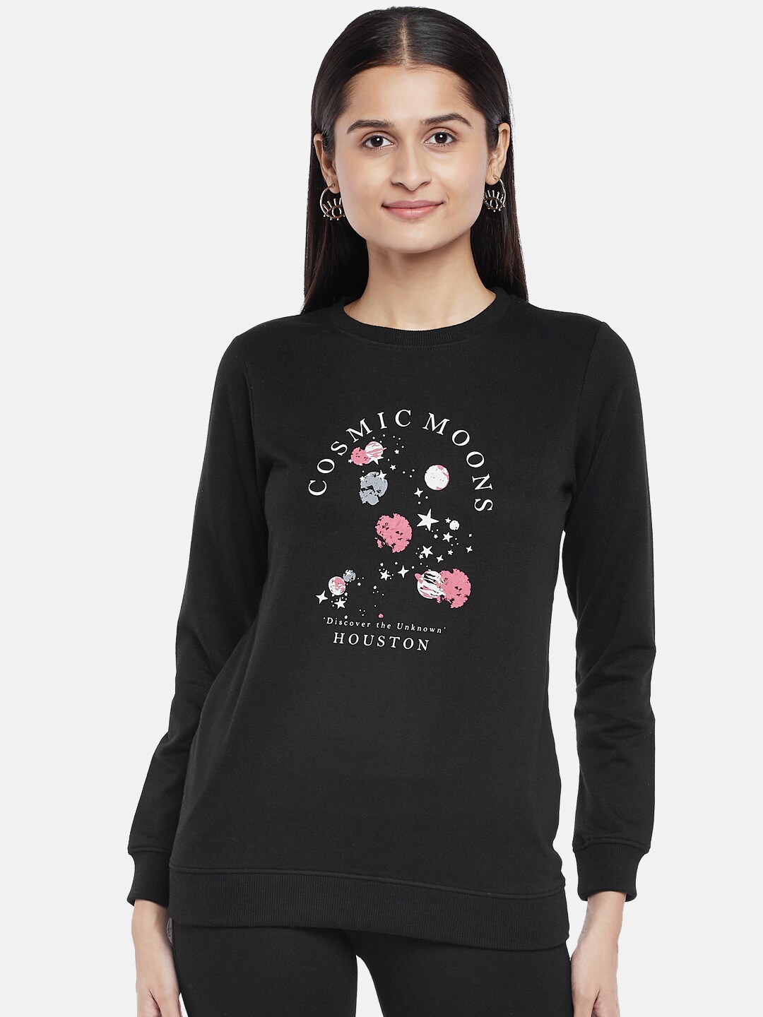 

People Women Black & White Printed Sweatshirt