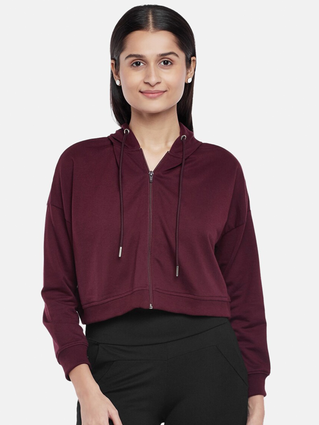 

People Women Burgundy Hooded Crop Sweatshirt