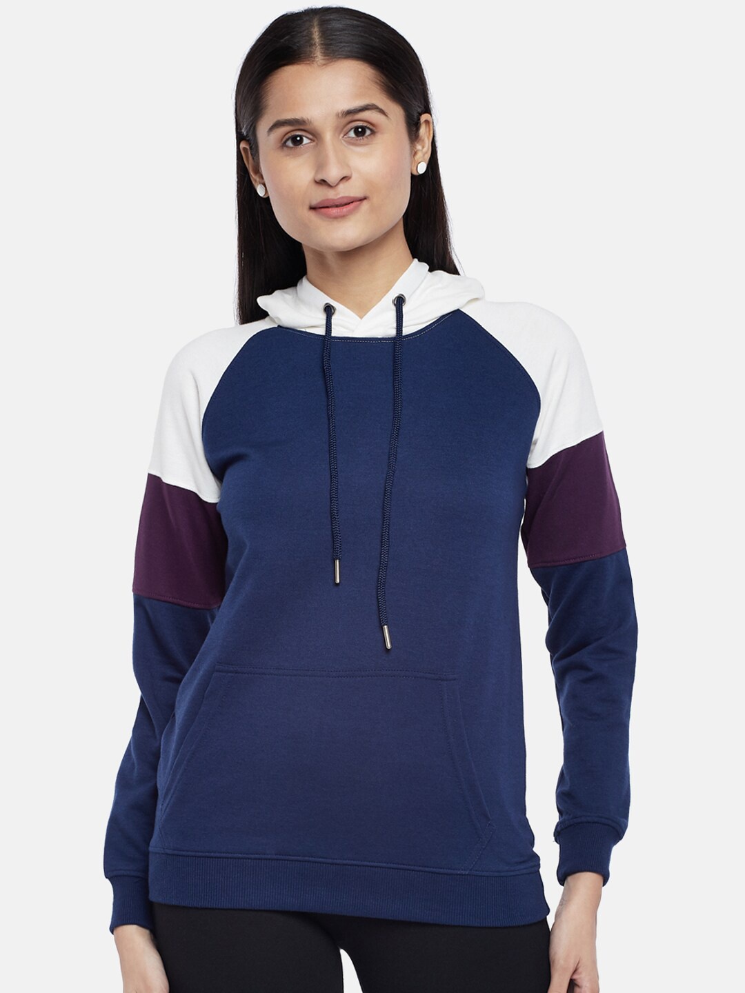 

People Women Blue Colourblocked Hooded Sweatshirt