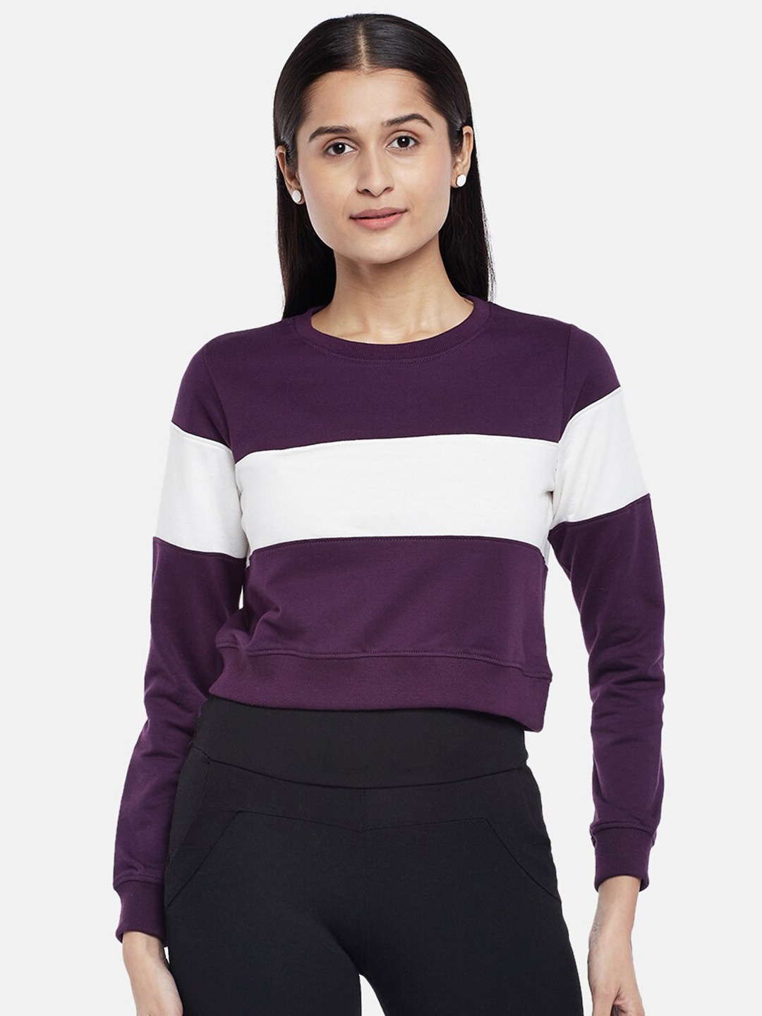 

People Women Purple & White Colorblocked Crop Sweatshirt