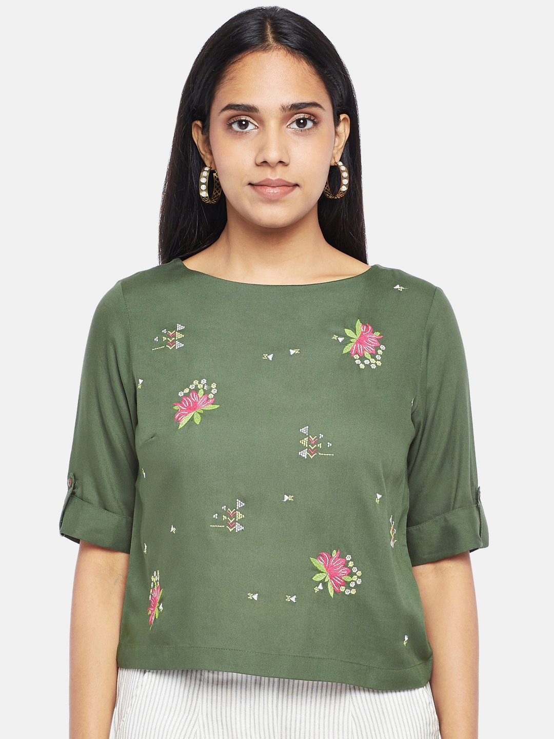 

AKKRITI BY PANTALOONS Olive Green Floral Embellished Roll-Up Sleeves Top