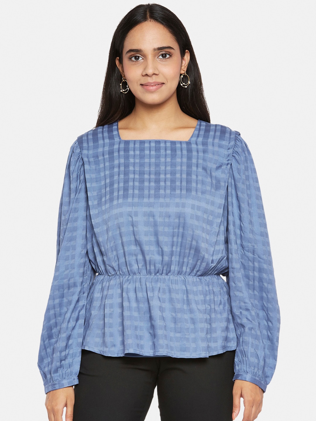 

Annabelle by Pantaloons Blue Checked Cinched Waist Top