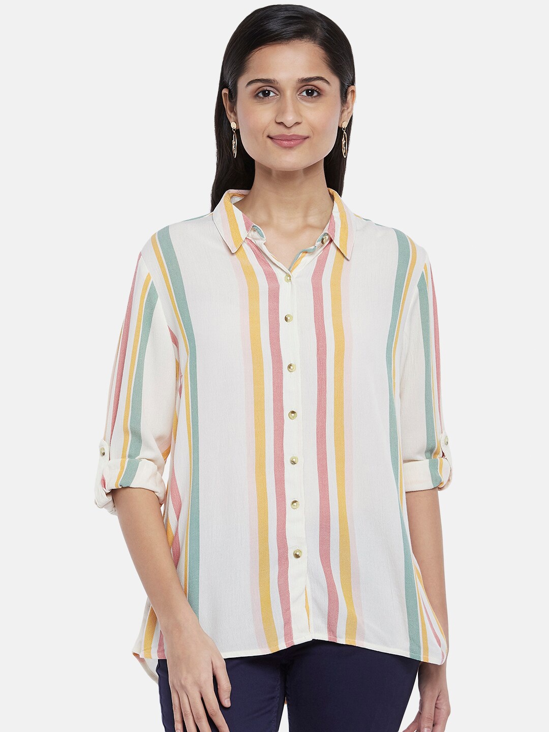 

Honey by Pantaloons Off White & Green Striped Roll-Up Sleeves Shirt Style Top