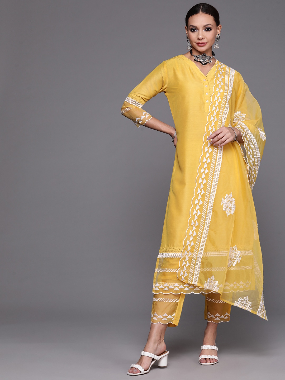 

Indo Era Women Yellow Embroidered Kurta with Trousers & With Dupatta