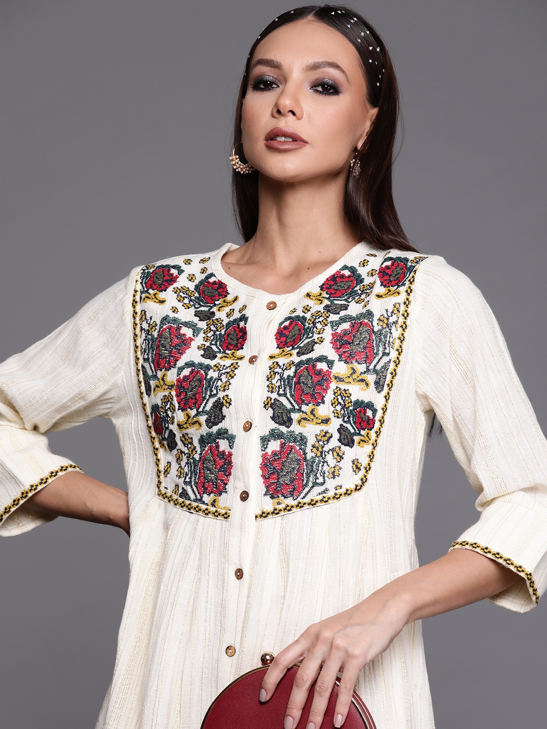 

Indo Era White Floral Embroidered Ethnic A-Line Dress
